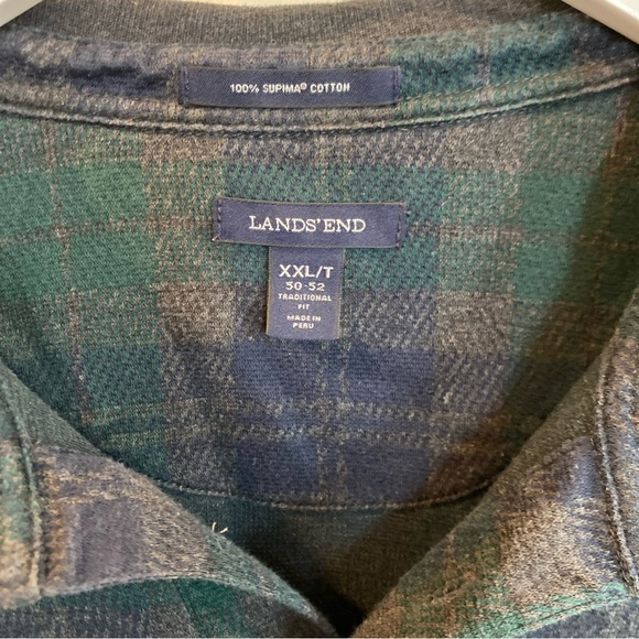 Lands End Green Plaid Henley Long Sleeve Mens XXL Tall Collared - Picture 3 of 6